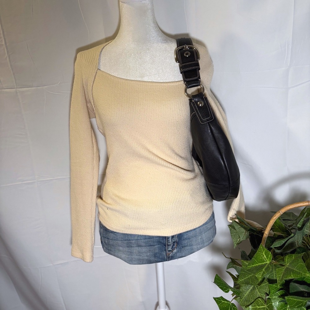 Anthropologie Cream Ribbed Knit Square Neck Long Sleeve Top XS‎ Layered Shrug